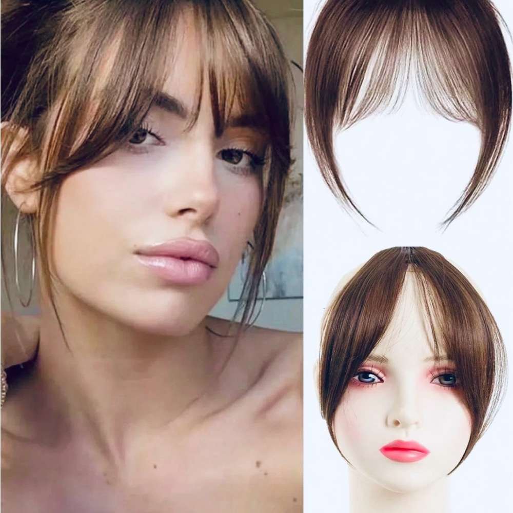 French Style Middle-Part Bangs Hair Topper, Dark Brown, 100% Human Hair